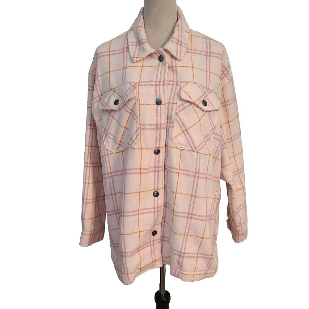 HFX Plaid Shacket Sz L Pink Orange Wool Blend Cozy Oversized Flannel Softgirl